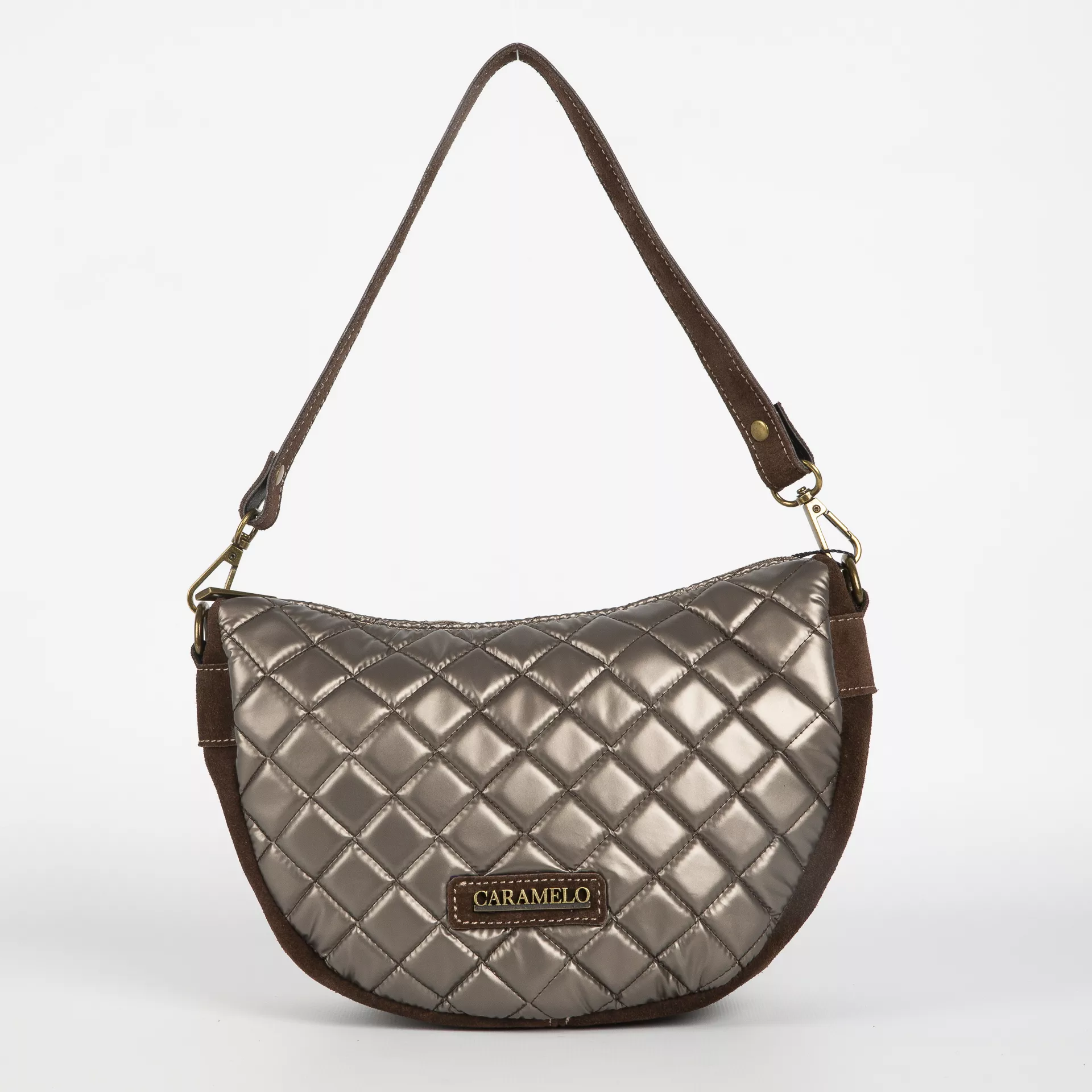 Bolso Caramelo 50759 Raso Nacar Rombos Bronce